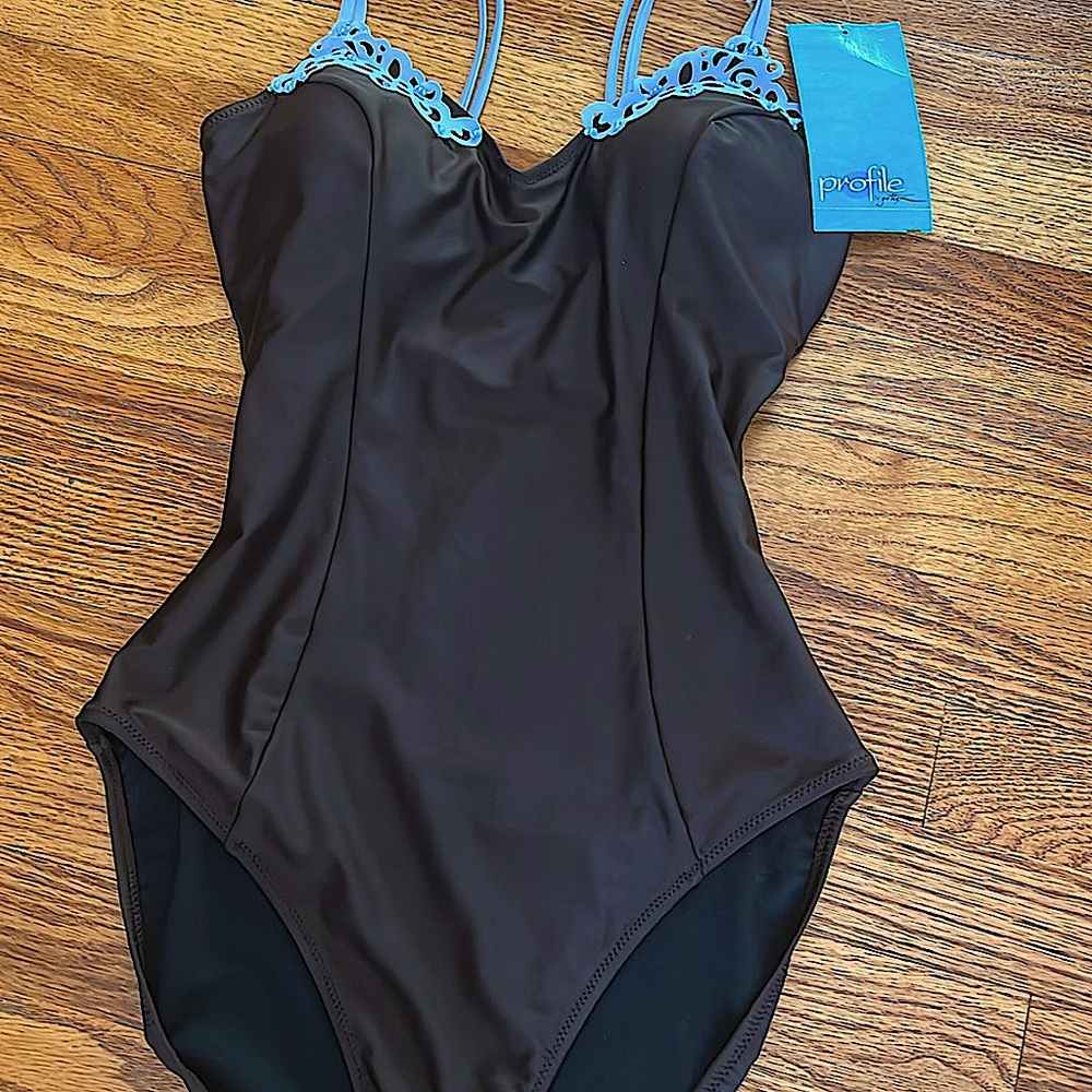 NWT Gottex Profile 1pc brown swimsuit robin blue straps, lace design& pearls S12